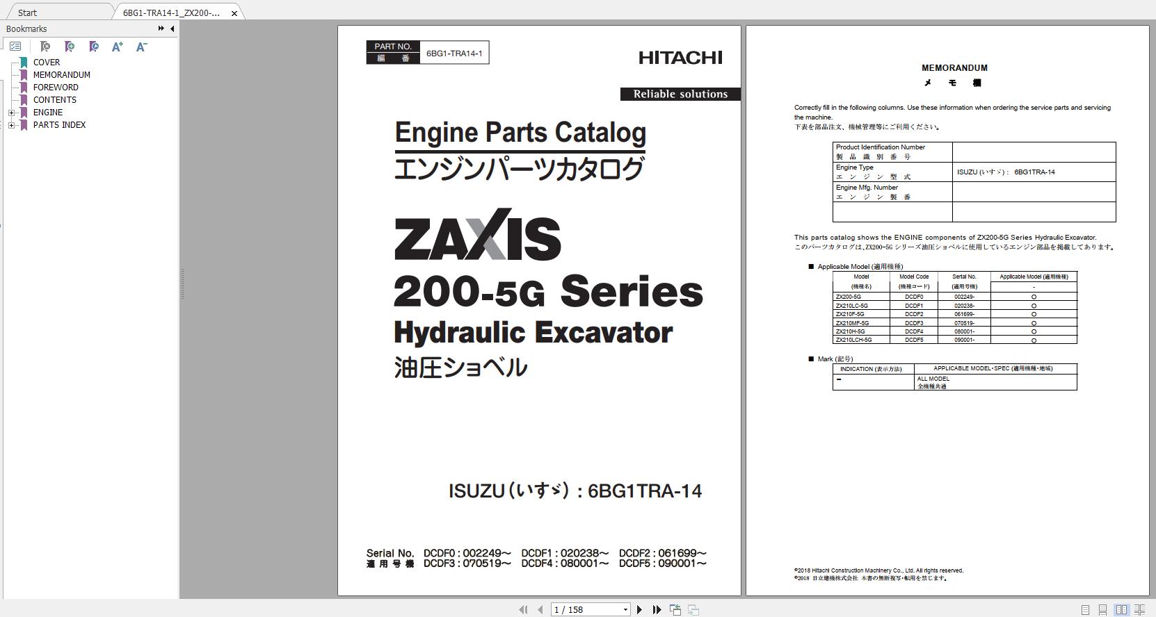 Hitachi Hydraulic Excavator ZX200 5G ZX210F 5G Parts Catalog EN 1