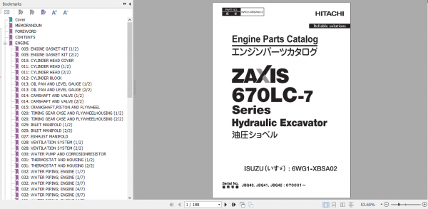 Hitachi Hydraulic Excavator ZX670LC 7 Series ISUZU Engine Parts Catalog 6WG1 XBSA02 1