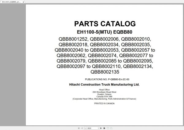 Hitachi Rigid Dump Truck EH1100 5MTU S.N QBB8001252 to S.N QBB8002141 2013 2018 Parts Catalog 2