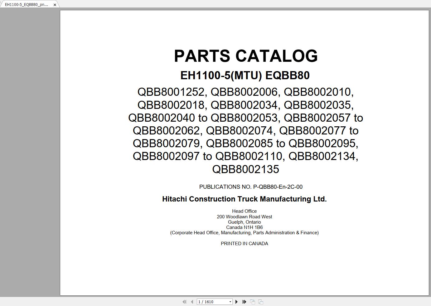 Hitachi Rigid Dump Truck EH1100 5MTU S.N QBB8001252 to S.N QBB8002141 2013 2018 Parts Catalog 2