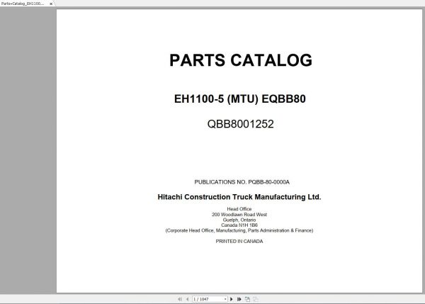 Hitachi Rigid Dump Truck EH1100 5MTU S.N QBB8001252 to S.N QBB8002141 2013 2018 Parts Catalog 3