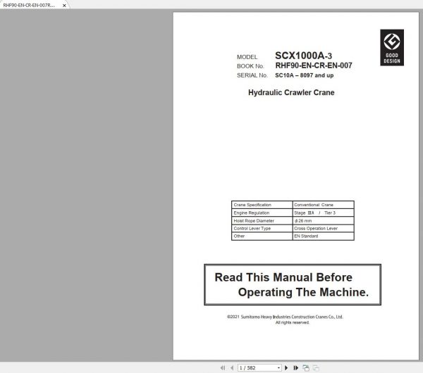 Hitachi Sumitomo Crane SCX1000A 3C3 Operators Manual SC10A 8097 and up 1