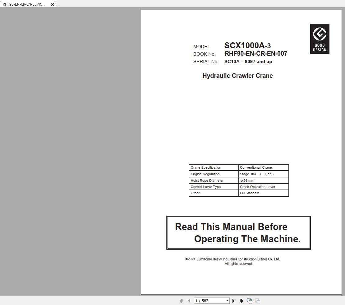 Hitachi Sumitomo Crane SCX1000A 3C3 Operators Manual SC10A 8097 and up 1