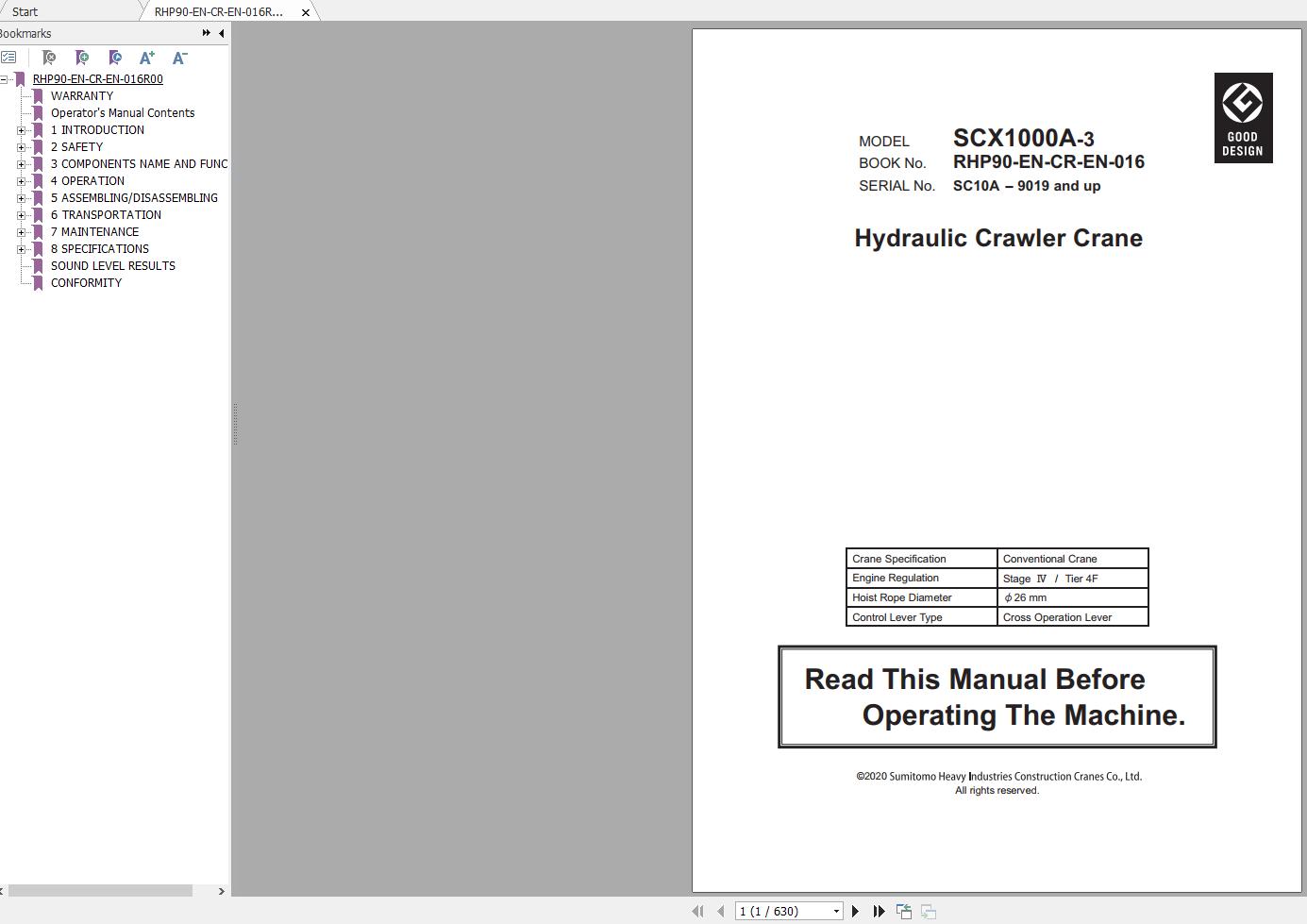 Hitachi Sumitomo Crane SCX1000A 3C5 Operators Manual SC10A 9019 and up 1