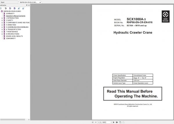 Hitachi Sumitomo Crane SCX1000A 3C5 Operators Manual SC10A 9019 and up 2