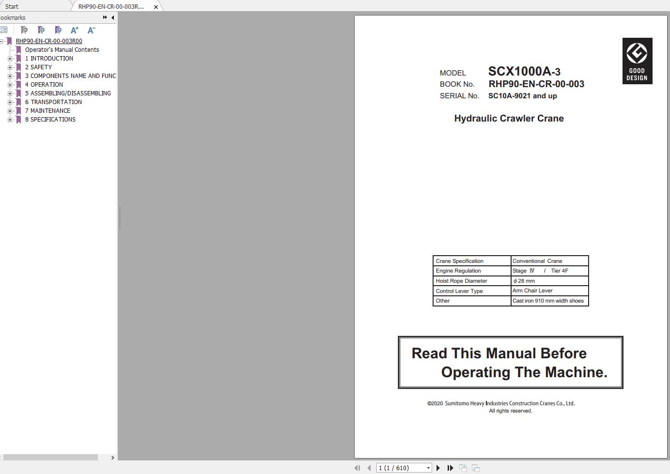 Hitachi Sumitomo Crane SCX1000A 3C5 Operators Manual SC10A 9021 and up 1