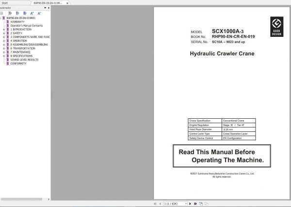 Hitachi Sumitomo Crane SCX1000A 3C5 Operators Manual SC10A 9023 and up 1