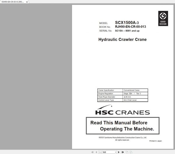Hitachi Sumitomo Crane SCX1500A 3C3 Operators Manual SC15A–8081 and up 1