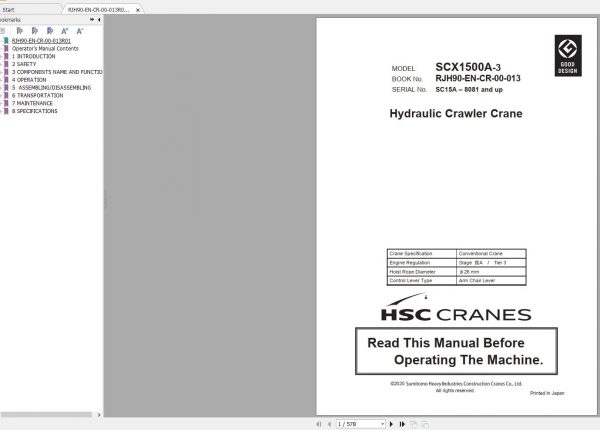 Hitachi Sumitomo Crane SCX1500A 3C3 Operators Manual SC15A–8081 and up 2