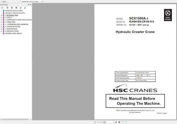 Hitachi Sumitomo Crane SCX1500A 3C3 Operators Manual SC15A–8081 and up 3