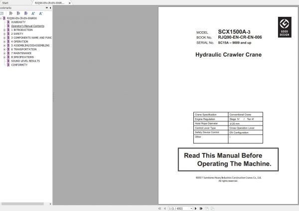 Hitachi Sumitomo Crane SCX1500A 3C5 Operators Manual SC15A 9009 and up 1