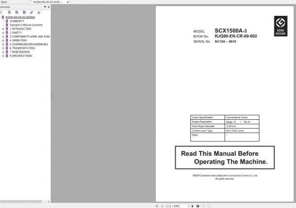 Hitachi Sumitomo Crane SCX1500A 3C5 Operators Manual SC15A 9010 and up 1