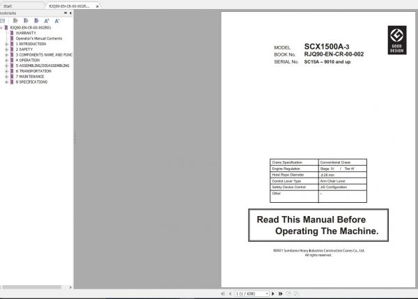 Hitachi Sumitomo Crane SCX1500A 3C5 Operators Manual SC15A 9010 and up 2