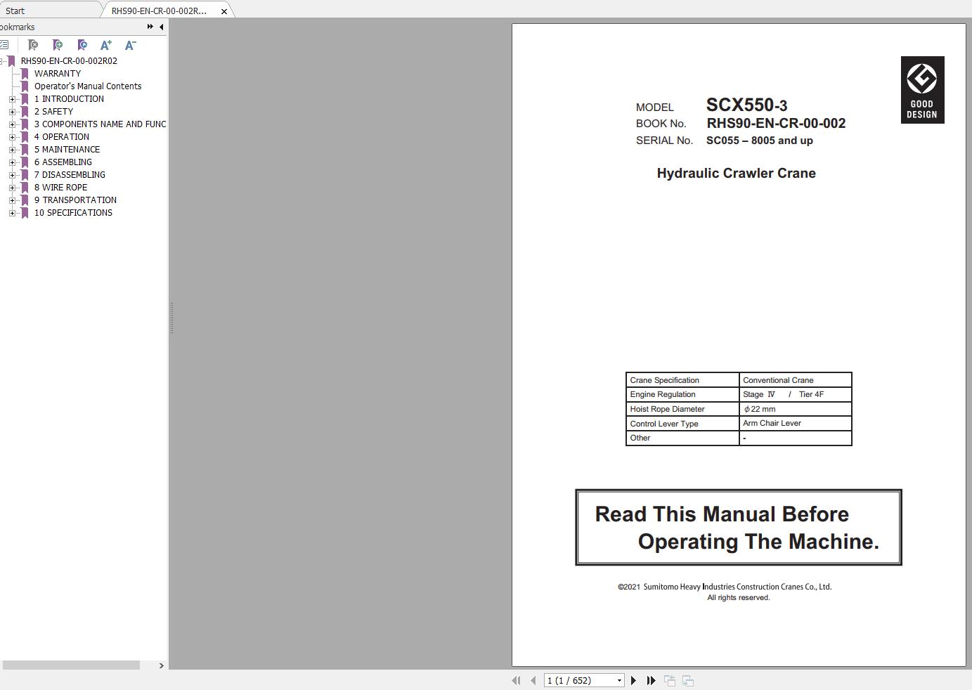 Hitachi Sumitomo Crane SCX550 3C5 Operators Manual SC055 8005 and up 0