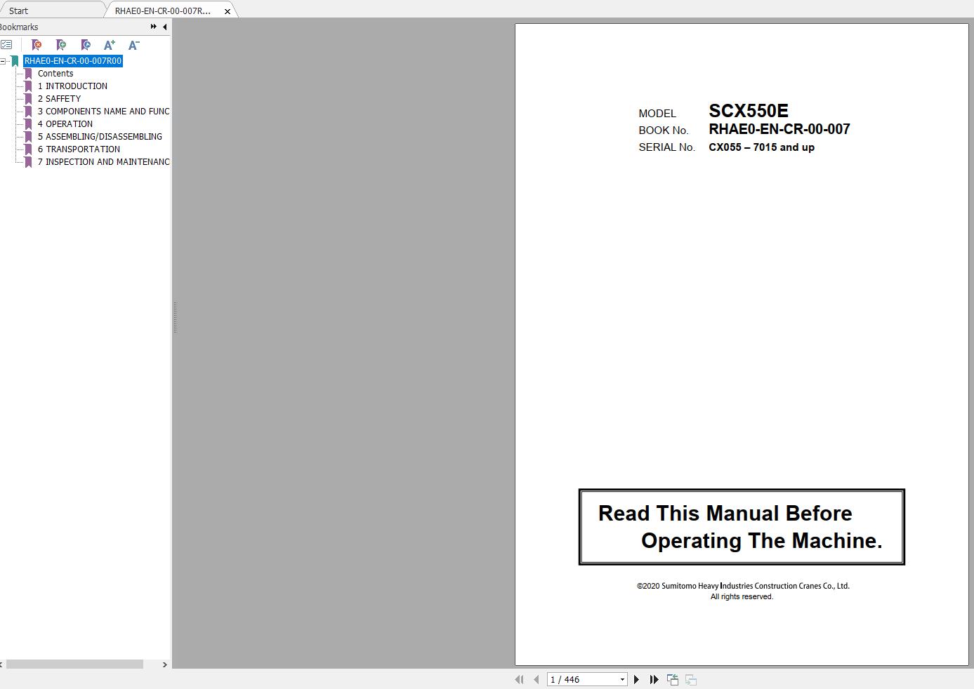 Hitachi Sumitomo Crane SCX550E Operators Manual CX055 7015 and up 1