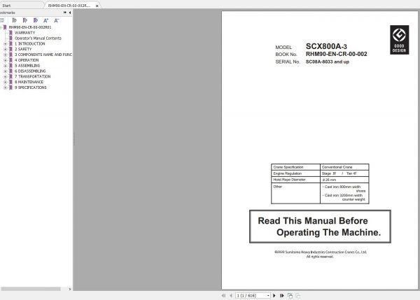 Hitachi Sumitomo Crane SCX800A 3 Operators Manual SC08A 8033 and up 1