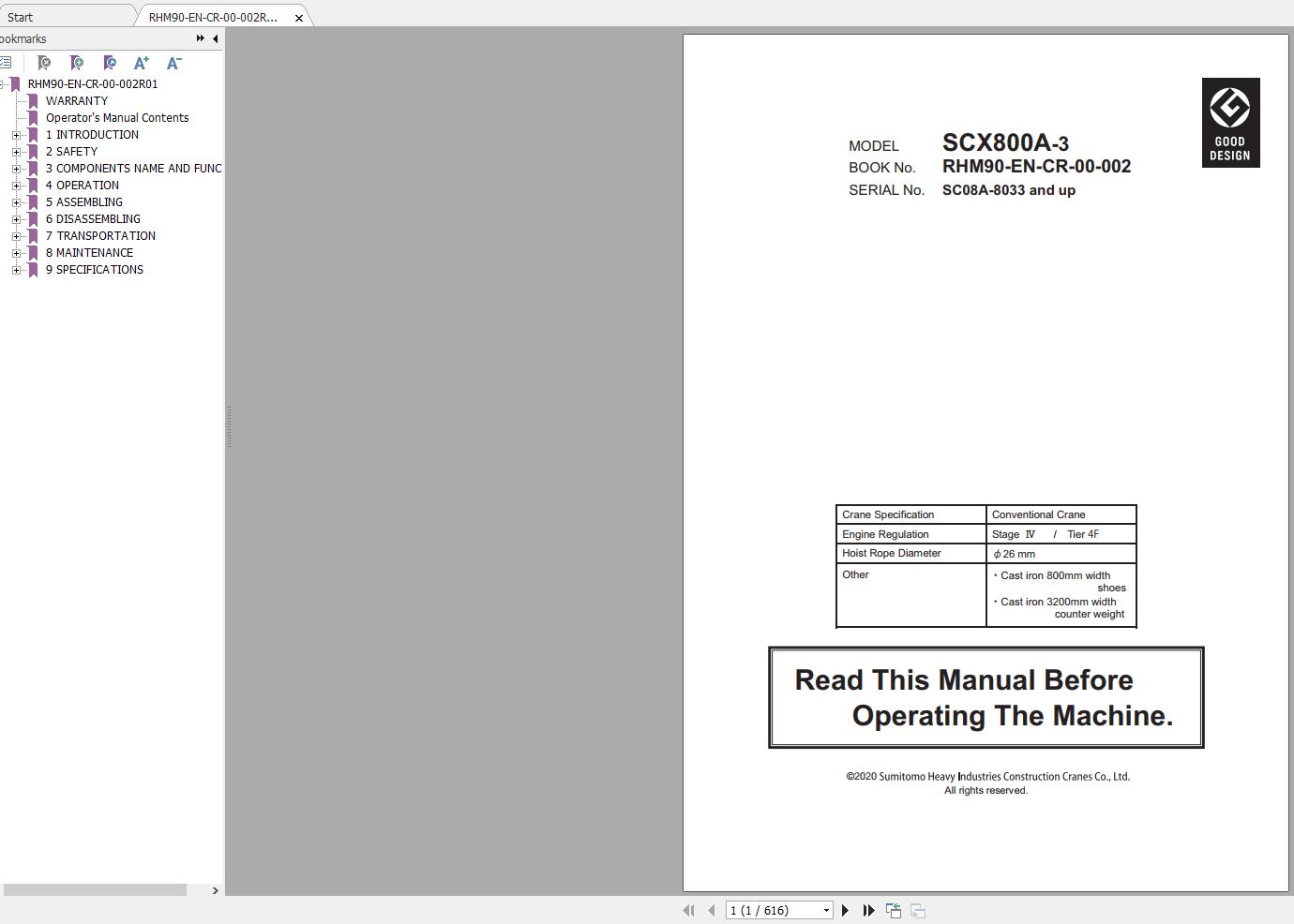 Hitachi Sumitomo Crane SCX800A 3 Operators Manual SC08A 8033 and up 1