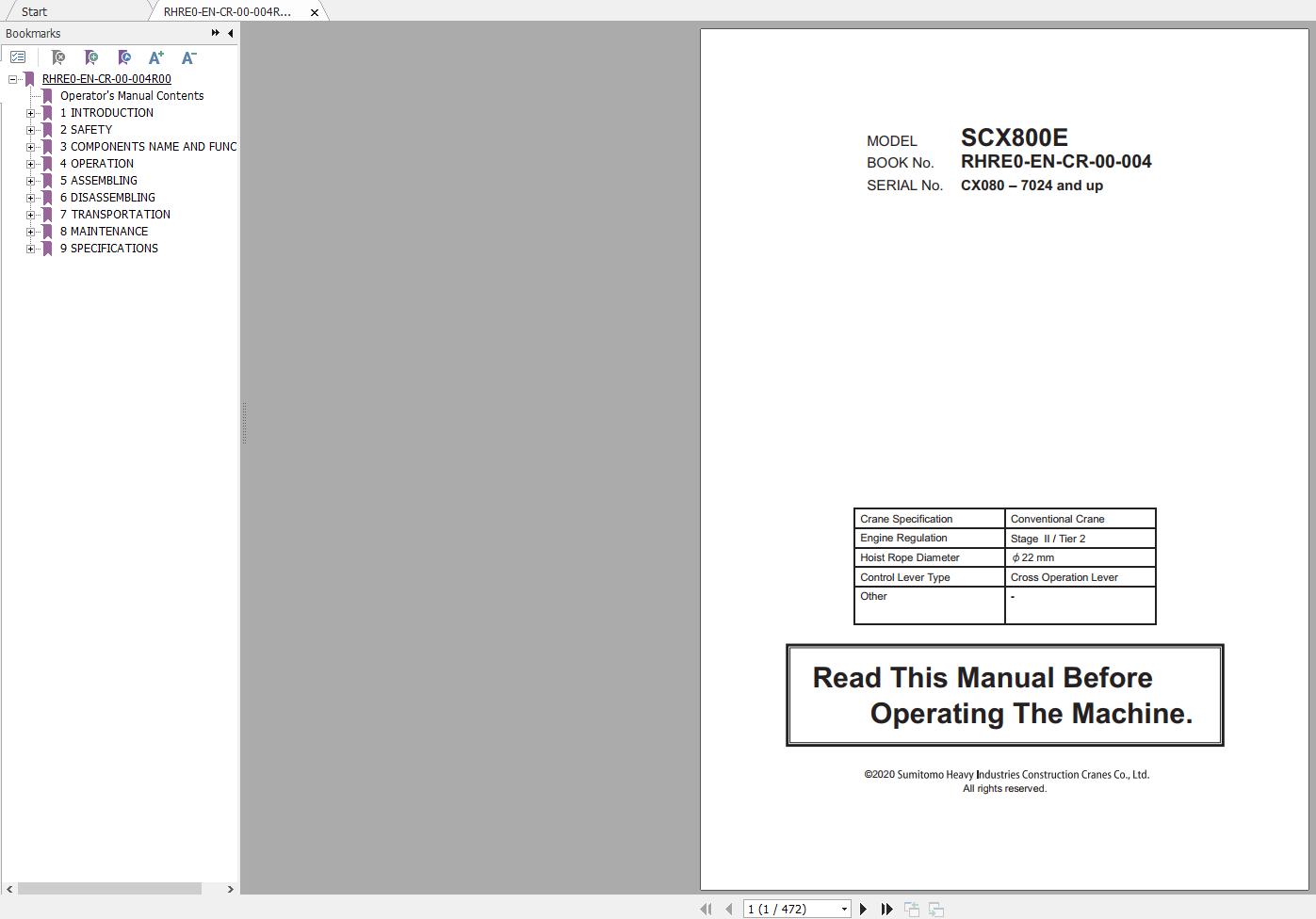 Hitachi Sumitomo Crane SCX800E Operators Manual CX080 7024 and up 1