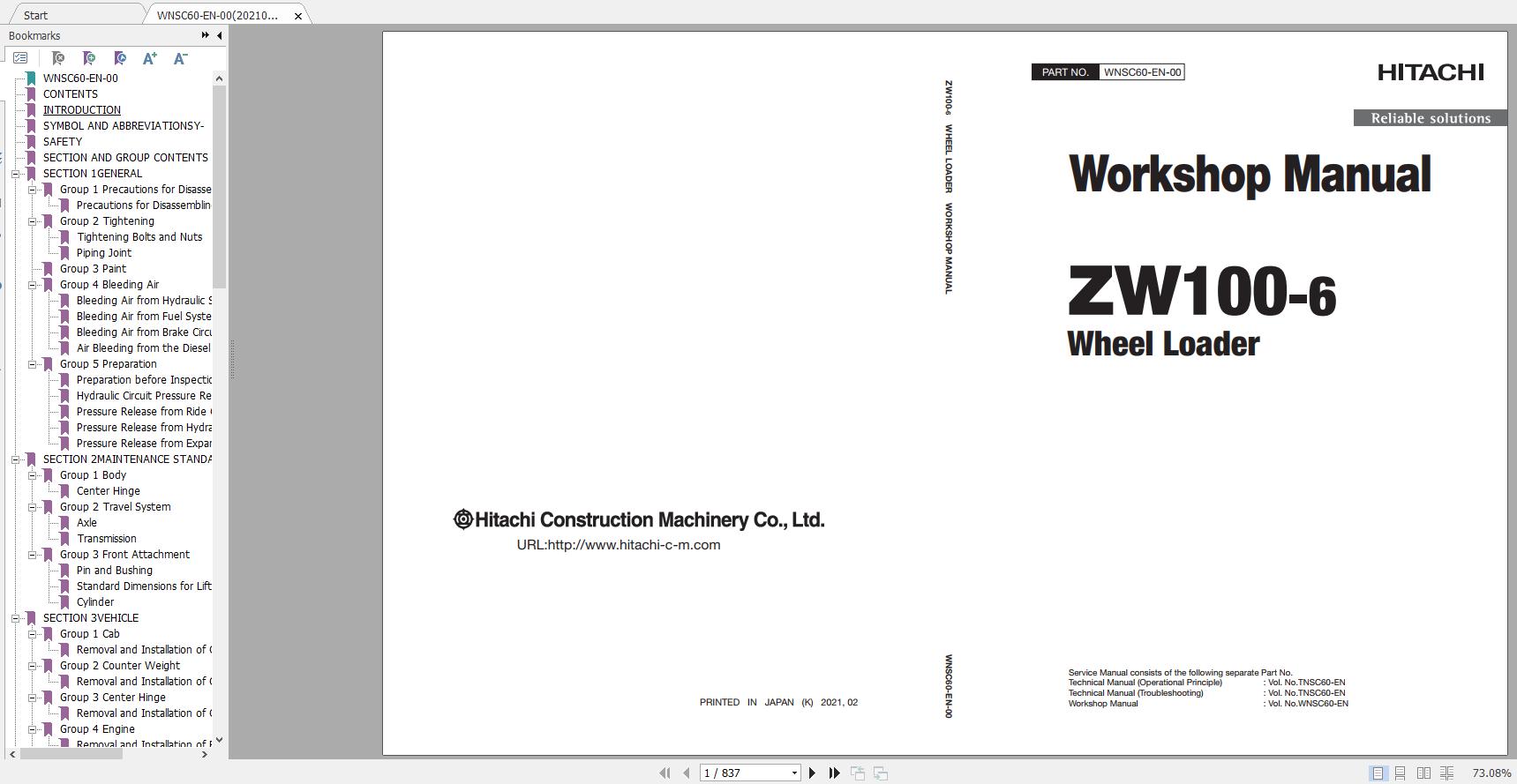 Hitachi Wheel Loader ZW100 6 Shop Manuals 1