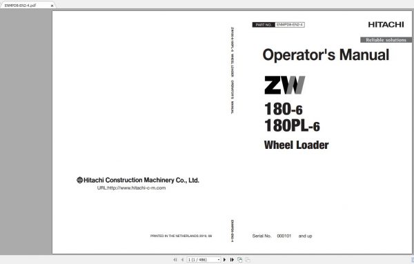 Hitachi Wheel Loader ZW180 6 ZW180PL 6 Shop Manuals 1