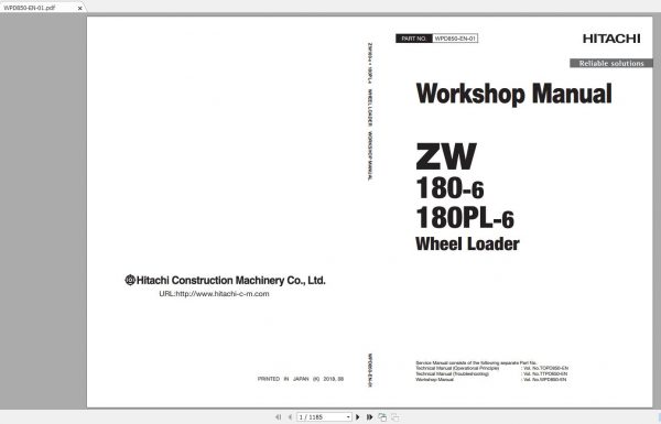 Hitachi Wheel Loader ZW180 6 ZW180PL 6 Shop Manuals 2