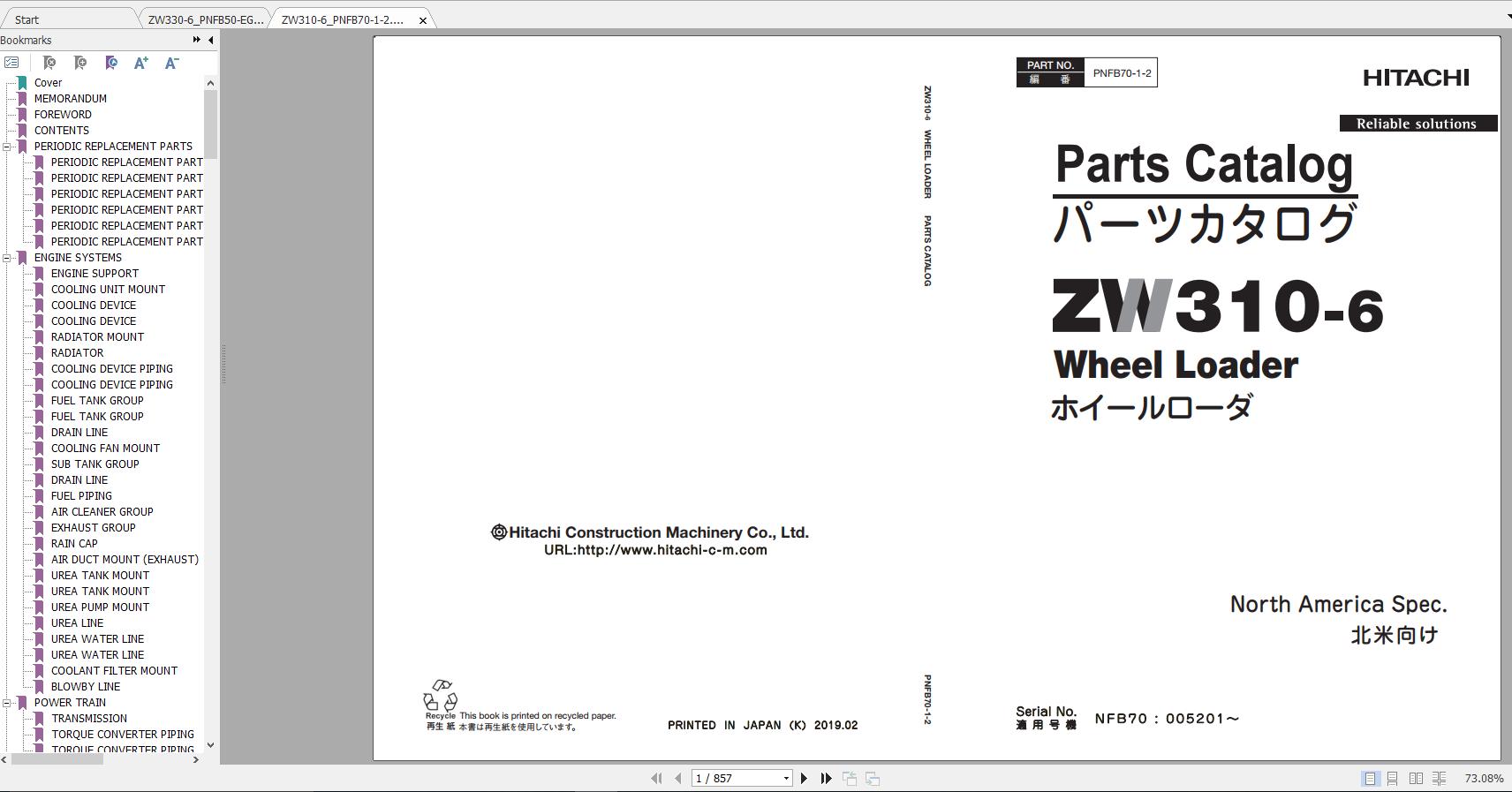 Hitachi Wheel Loader ZW310 6 ZW330 6 Parts Catalog ENJP 1