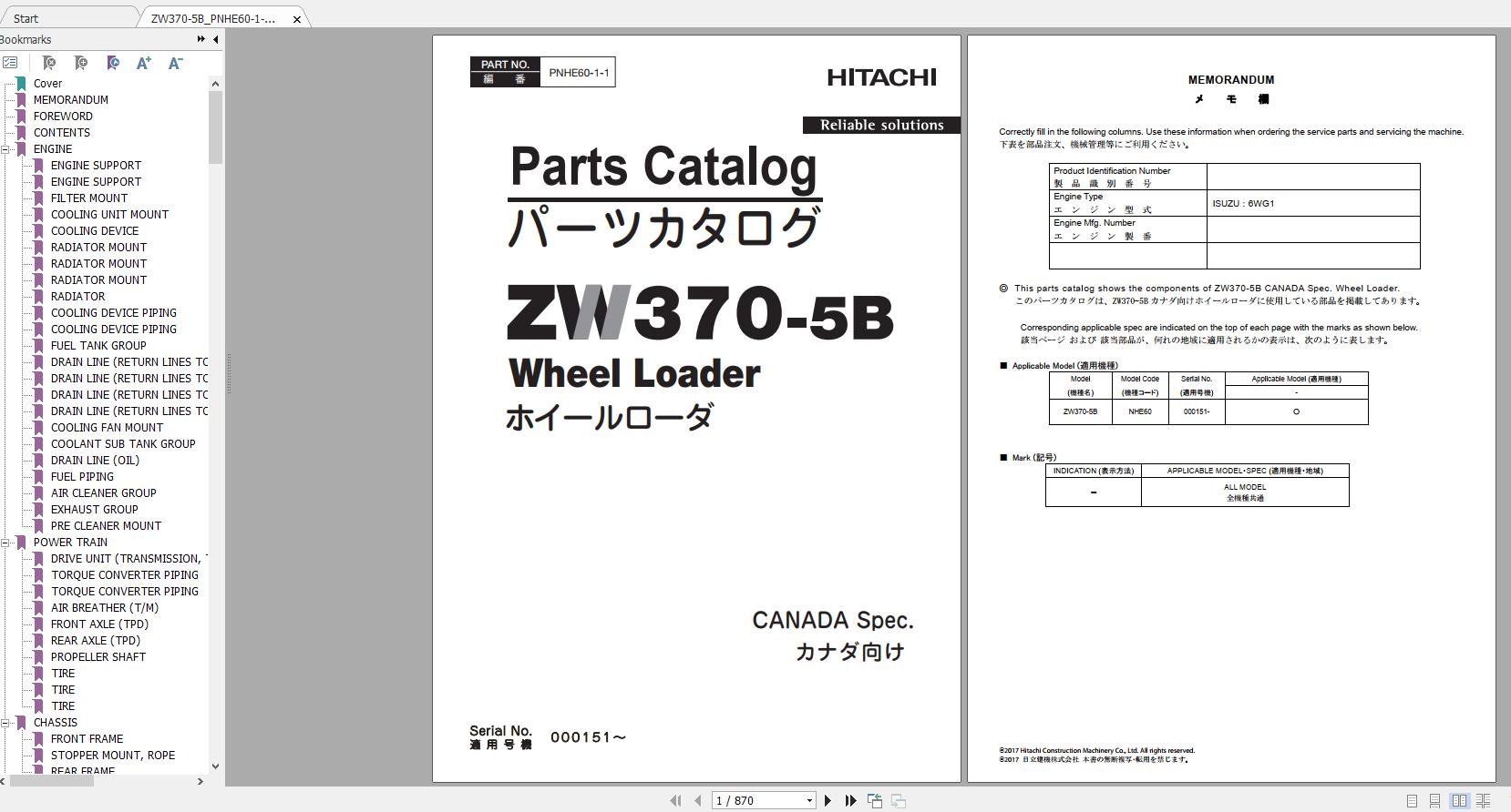 Hitachi Wheel Loader ZW370 5B Parts Catalog ENJP 1