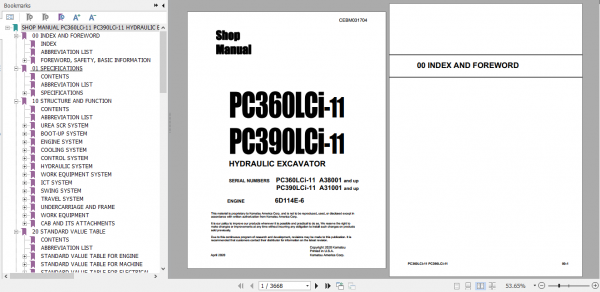 Komatsu Hydraulic Excavator PC360 390LCi 11 USA A38001 CEBM031704 Shop Manual 1