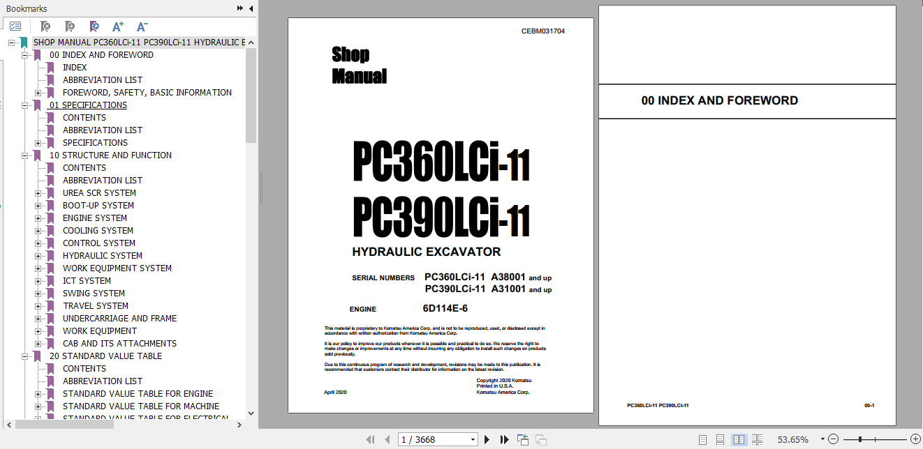 Komatsu Hydraulic Excavator PC360 390LCi 11 USA A38001 CEBM031704 Shop Manual 1