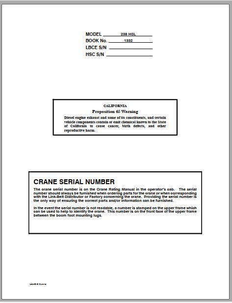Linkbelt Lattice Boom Crawler Crane 238 HSL Service Manual 1