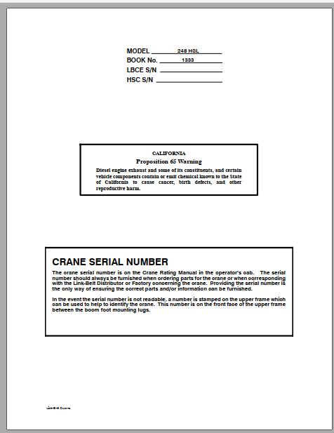 Linkbelt Lattice Boom Crawler Crane 248 HSL Service Manual 1