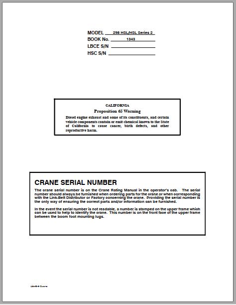 Linkbelt Lattice Boom Crawler Crane 298 HSL Series 2 Service Manual 1