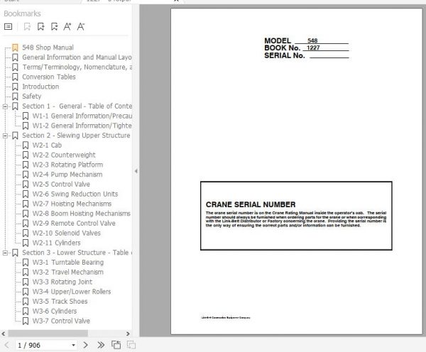Linkbelt Lattice Boom Crawler Crane 548 Service Manual 1