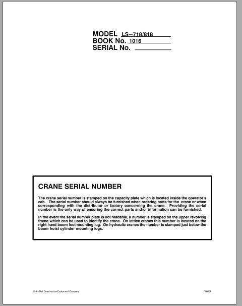 Linkbelt Lattice Boom Crawler Crane LS 718 LS 718HLA LS 818 Service Manual 1