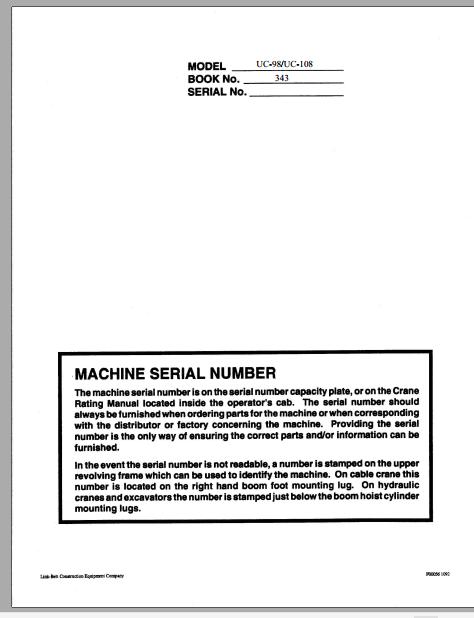 Linkbelt Lattice Boom Truck Crane UC 98 UC 108 Service Manual 1
