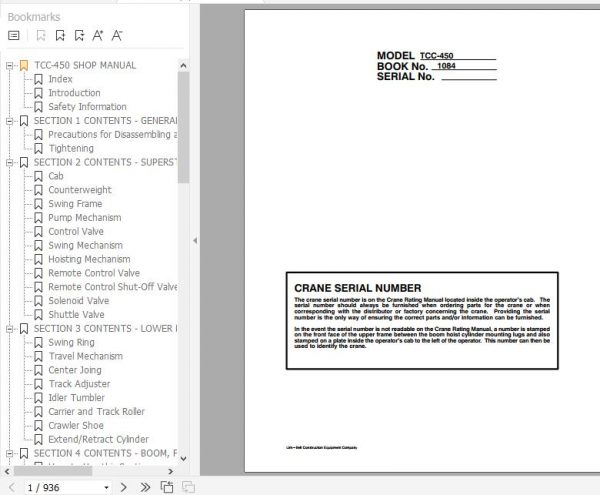Linkbelt Telescopic Crawler Crane TCC 450 Service Manual 1