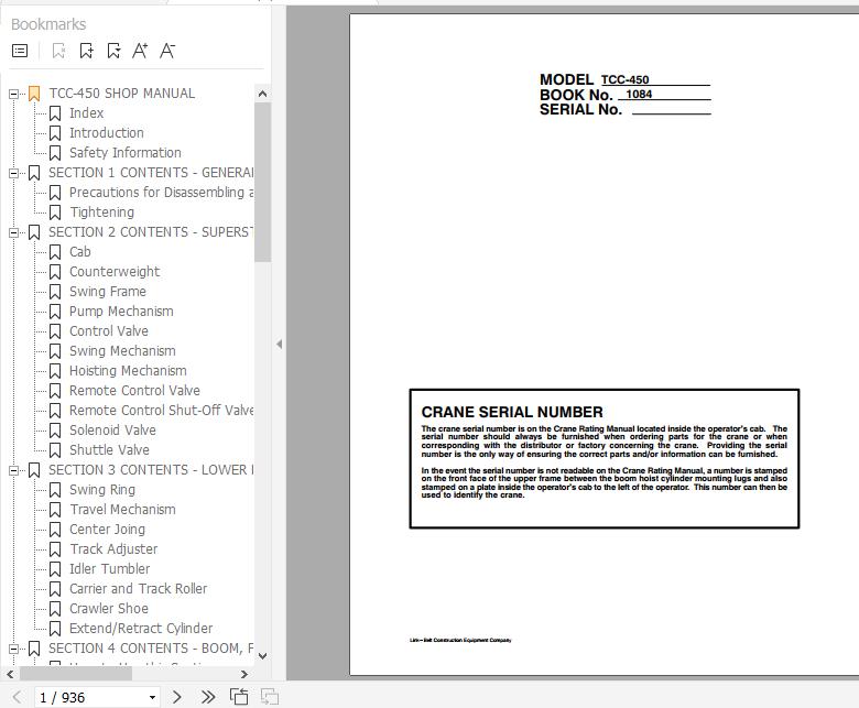 Linkbelt Telescopic Crawler Crane TCC 450 Service Manual 1