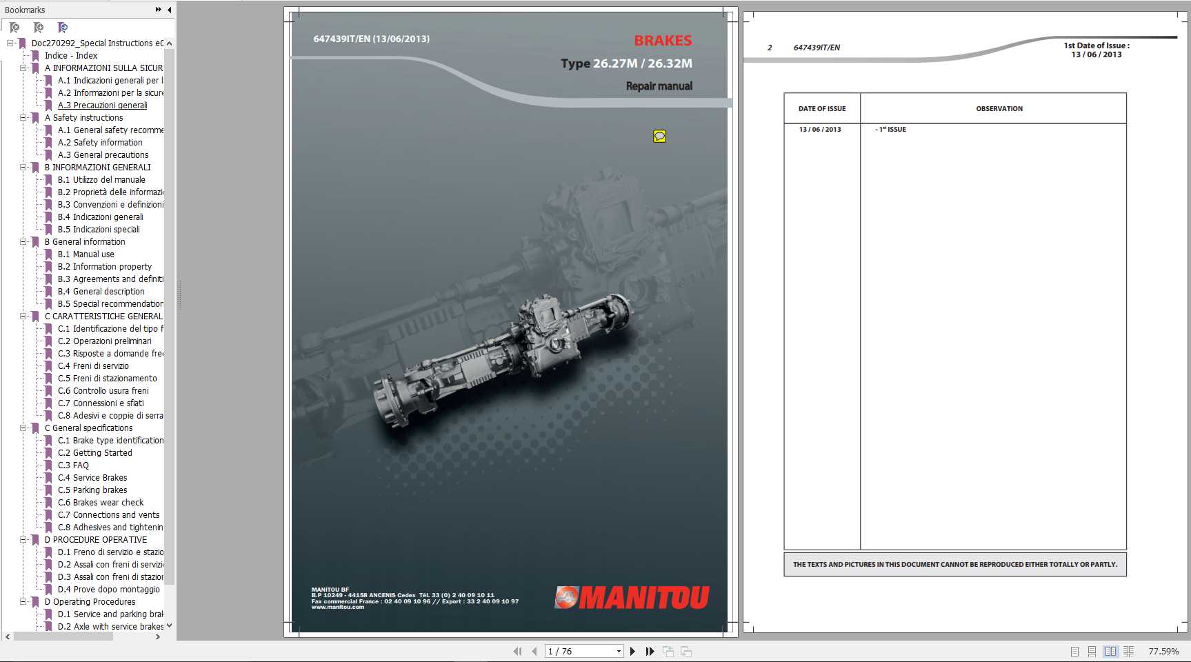 Manitou CARRARO Brakes Type 26.27M 26.32M Repair Manual 647439IT EN 2013 1