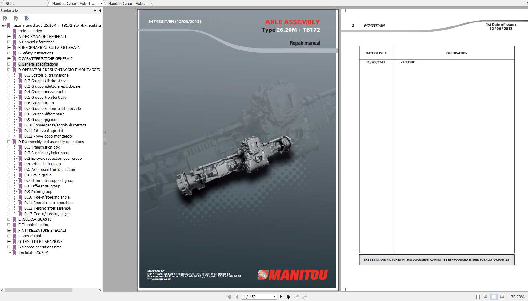 Manitou Carraro Axle Type 26.20 26.20M TB172 Repair Manuals 1