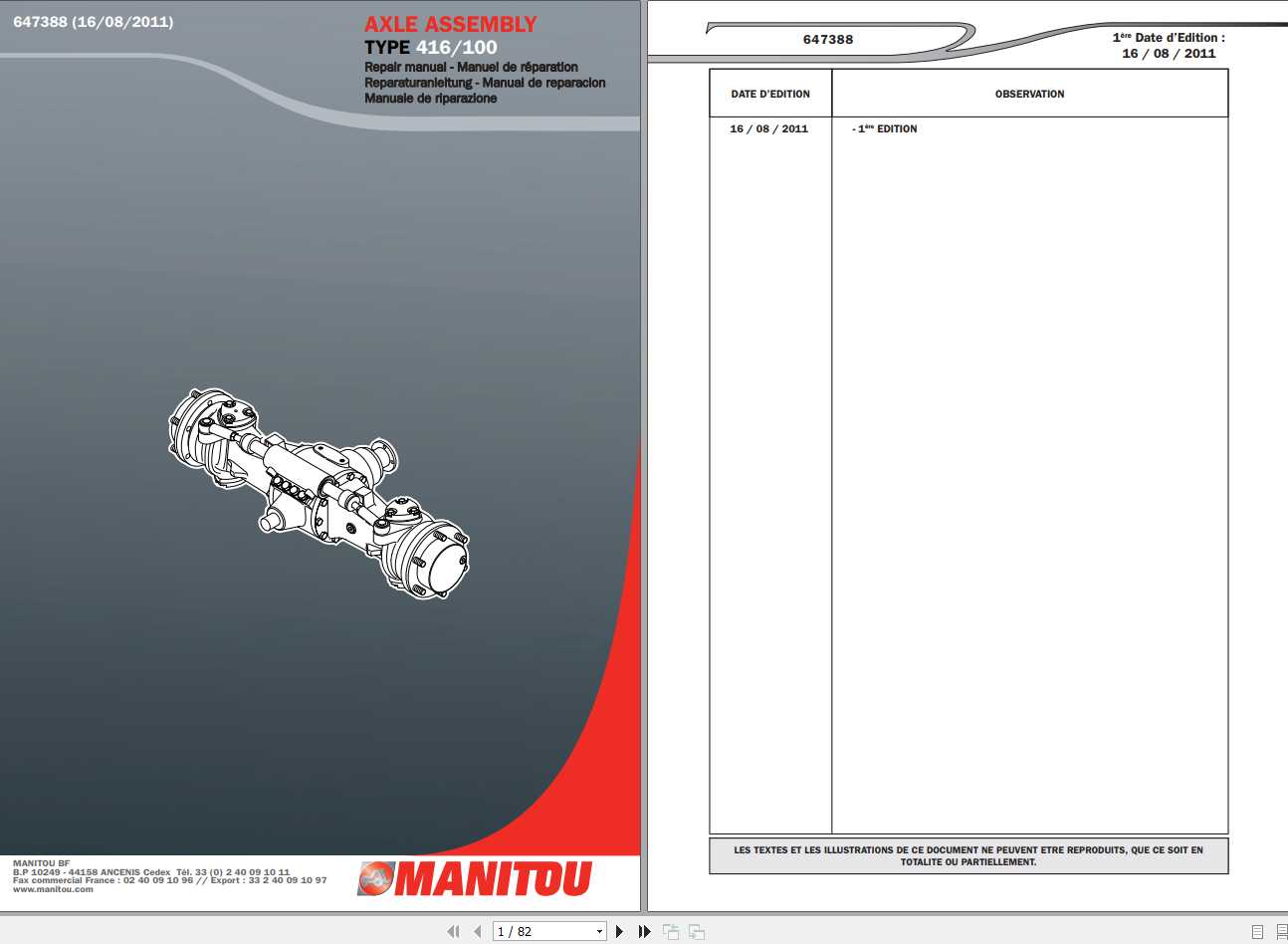 Manitou DANA Axle Type 416 100 Repair Manual 647388 1