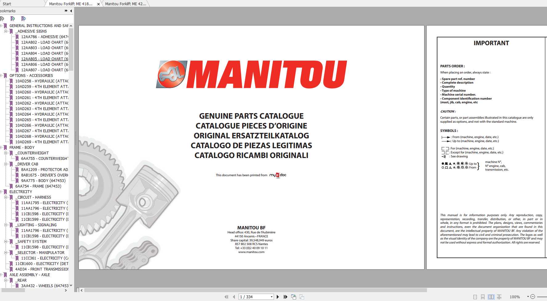 Manitou Forklift 418 420 425C 425 430 435 Genuine Part Catalogues 1