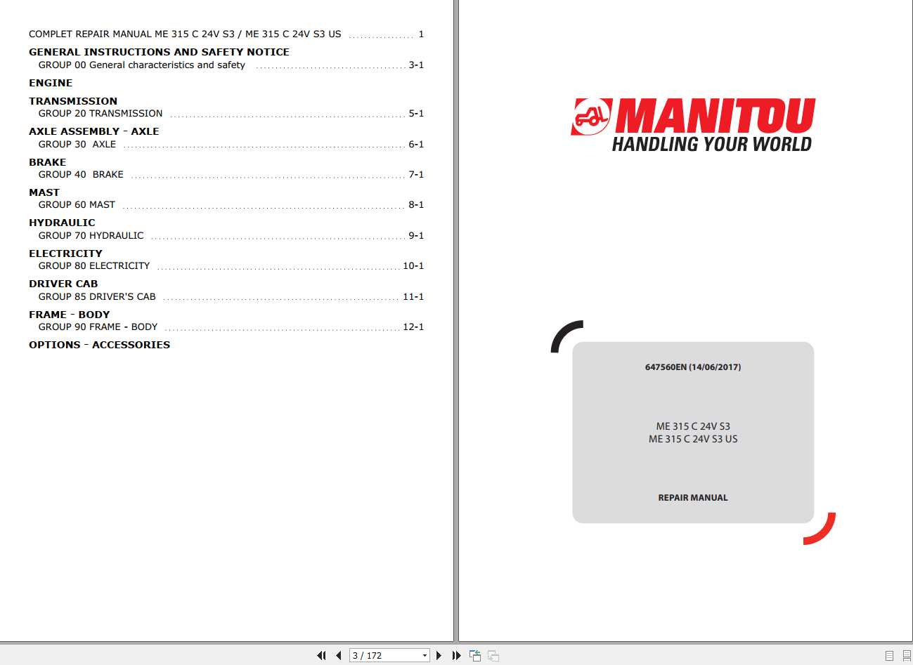 Manitou Forklift ME 315 C 24V S3 US Repair Manual 647560EN 1