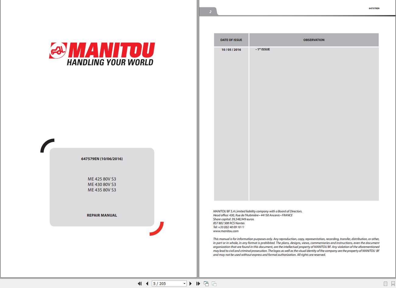 Manitou Forklift ME 425 430 435 80V S3 Repair Manual 647579EN 1