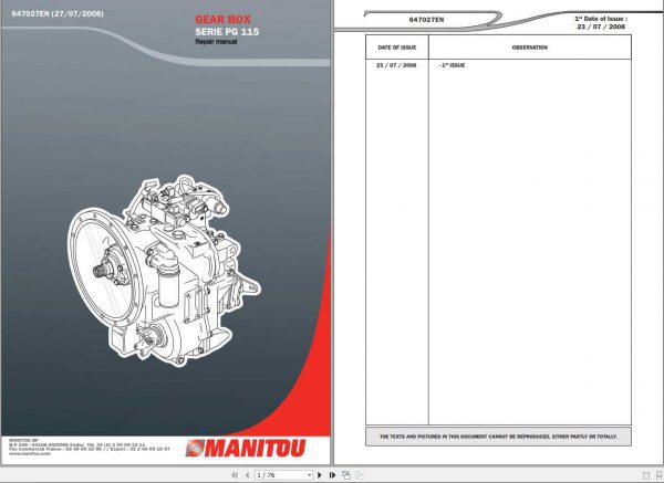 Manitou Gear Box Serie PG 115 Repair Manual 647027EN 1
