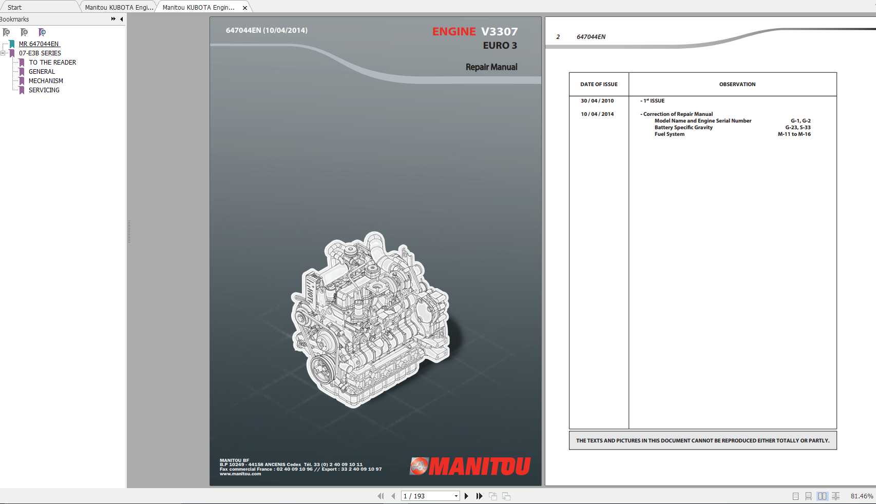 Manitou KUBOTA Engine V3307 EURO 3 Repair Manuals 1