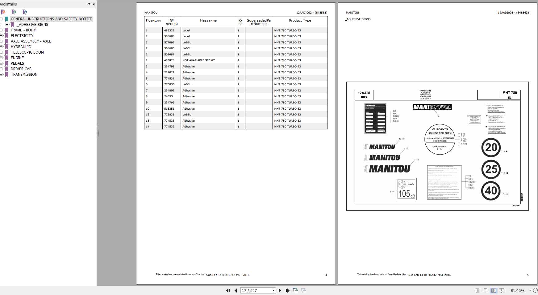 Manitou MHT 780 Turbo E3 Genuine Part Catalogue 648563 1