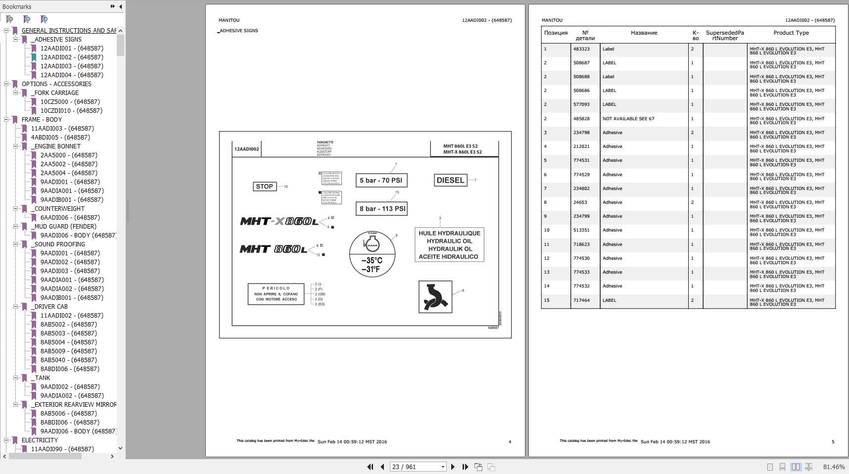 Manitou MHT X MHT 860 L Evolution E3 S2 Genuine Part Catalogue 648587 1
