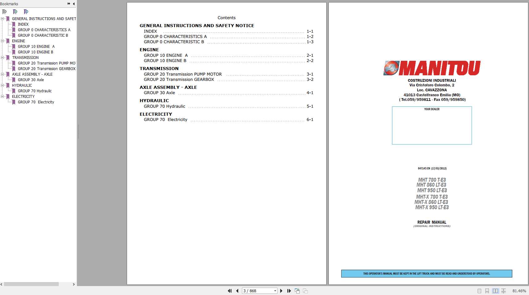 Manitou MHT780 MHT860 MHT950 MHT X780 MHT X860 MHT X950 T E3 LT E3 Repair Manual 647145EN 1