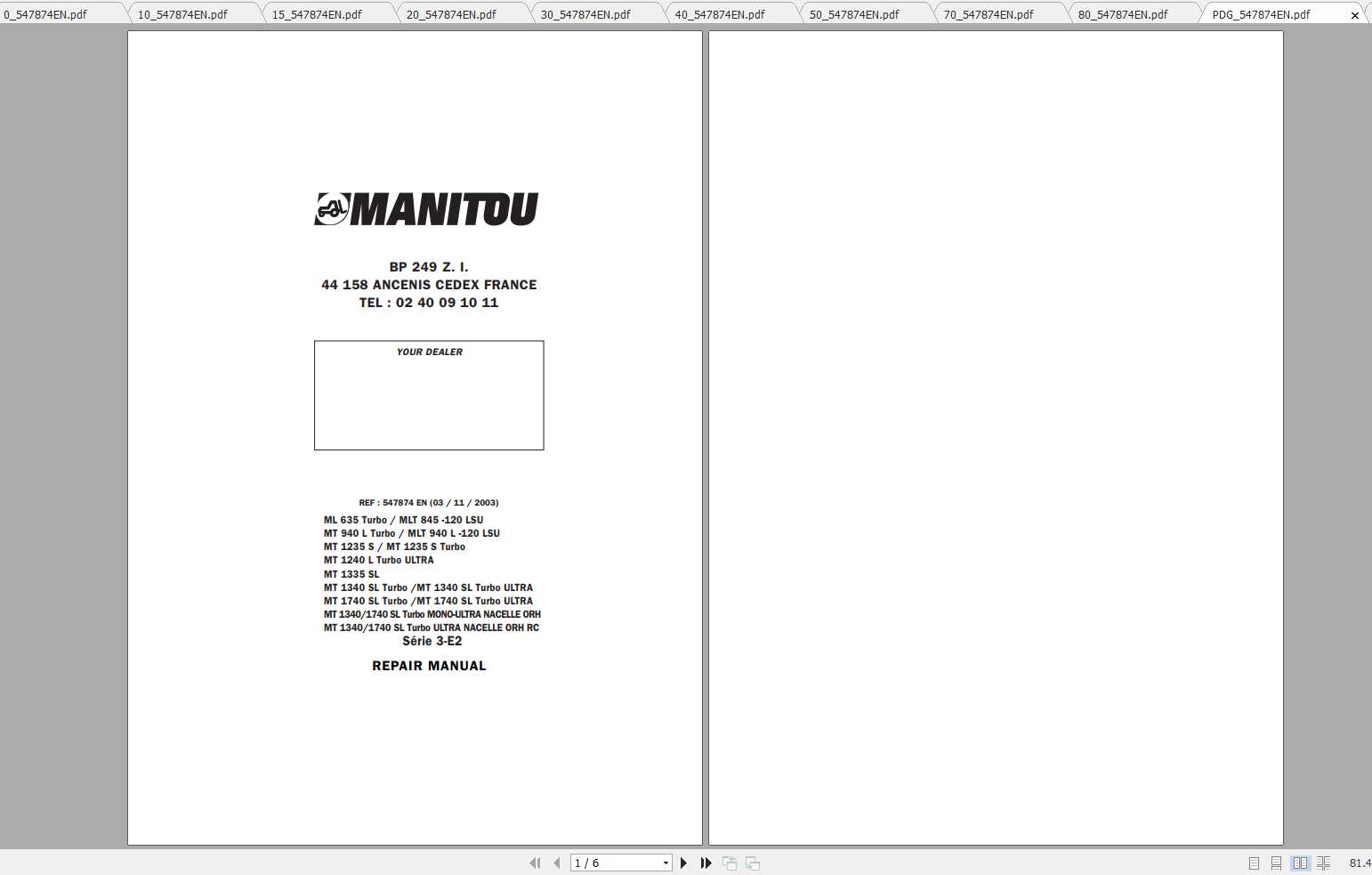 Manitou ML635 MLT845 MT 940 1235 1240 1335 1340 1740 Serie 3 E2 Repair Manual 547874EN 1
