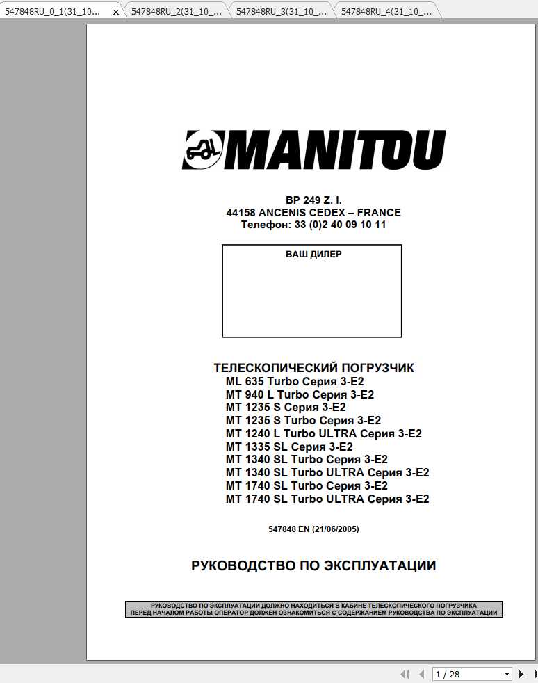 Manitou ML635 MT 940 1235 1240 1335 1340 1740 S SL Turbo Ultra Serie 3 E2 547848RU 1